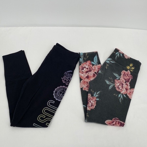 Lot of 2 Justice Full Length Leggings Floral Spellout Leg Girls XL 16/18 - Picture 1 of 7